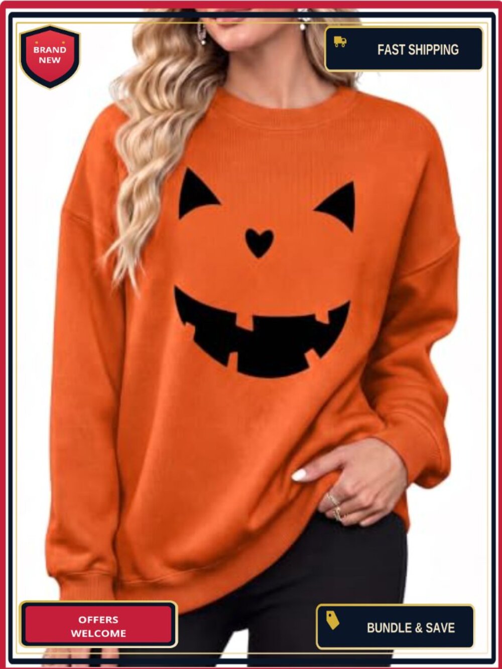 Women Halloween Pumpkin Face Crew Neck Long Sleeve Pullover Sweatshirt
